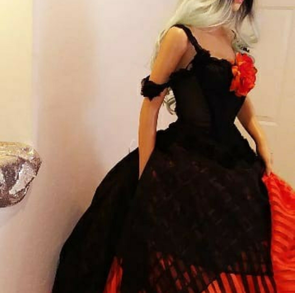 Sample Gown Only - DRUNELLA Goth Black & Orange Wedding Ballgown Set - Picture 4 of 7